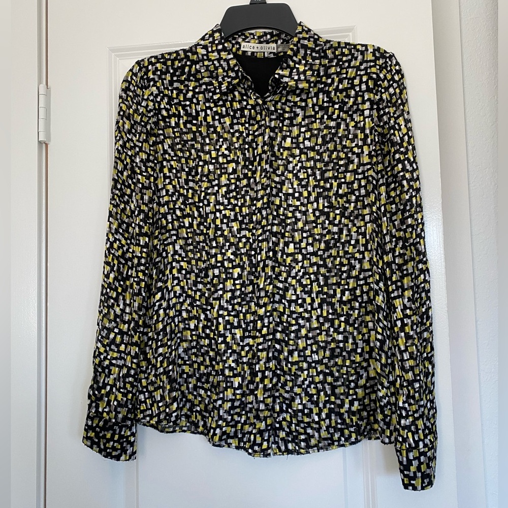Alice + Olivia Willa Neon Yellow Multi Print Placket Blouse - Picture 1 of 6